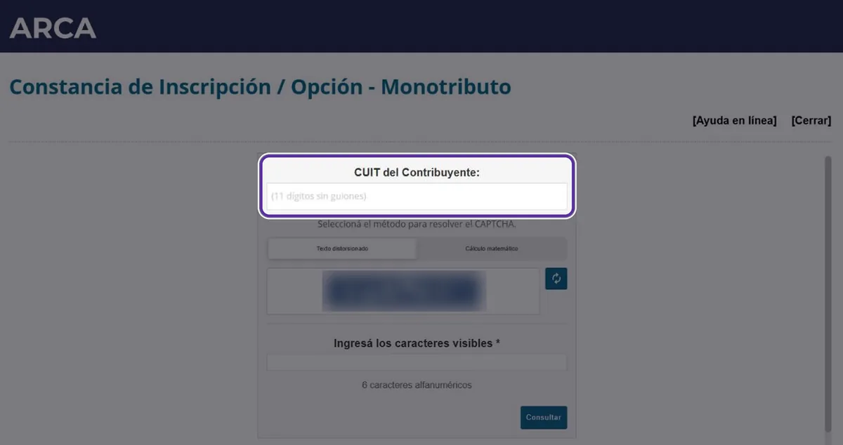 Consulta pública de constancia de inscripción en ARCA: campo CUIT del contribuyente