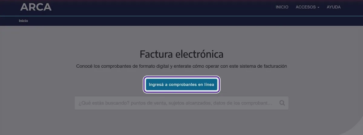 Sitio de factura electrónica de ARCA con el botón Ingresá a comprobantes en línea