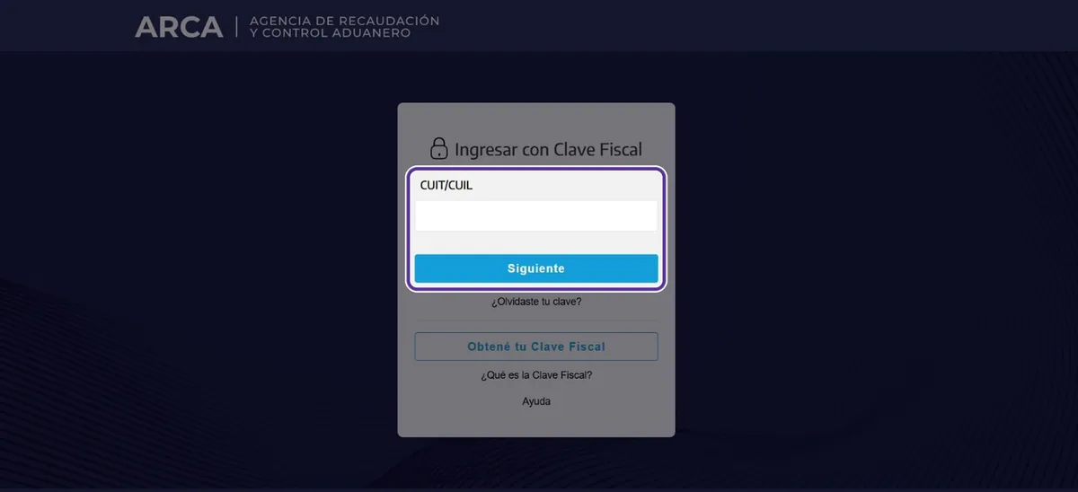 Pantalla de ARCA para ingresar con clave fiscal: CUIT/CUIL y botón Siguiente