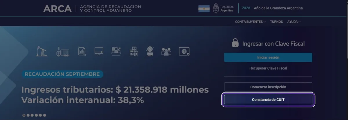 Página de inicio de ARCA con el botón Constancia de CUIT resaltado