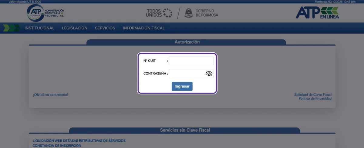 Ingreso a ATP en Línea de Formosa con CUIT y contraseña