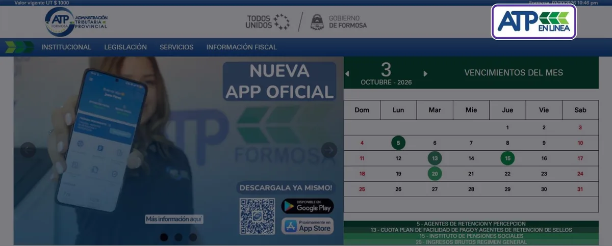 Sitio de ATP Formosa con el acceso a ATP en Línea resaltado